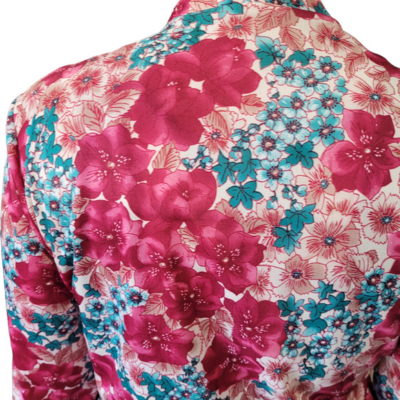 VNTG 80s Bright Floral Silky Tapestry Blouse M Nehru Collar Romantic Coquette - Picture 3 of 8